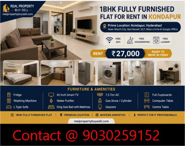 1BHK Fully Furnished Flat for Rent in Kondapur, Hyderabad | Ready to Move | Near Hitech City